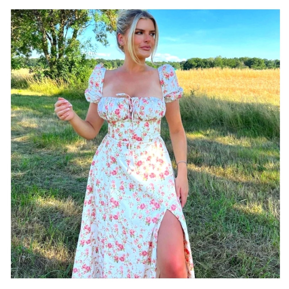 HOUSE OF CB Tallulah Rose Print Puff Sleeve Midi Sundress Milkmaid L+ XL NEW